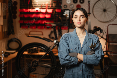 Portrait of a young brunette handywoman standing with a bicycle in the garage at home. Bicycle repairing