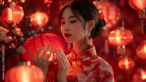 Create a vibrant image of a graceful girl wearing an elegant cheongsam her hands gently clasping a traditional red lantern