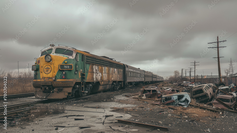 Modern electric locomotive pulling a long line of twisted car wrecks a stark contrast of technology and destruction
