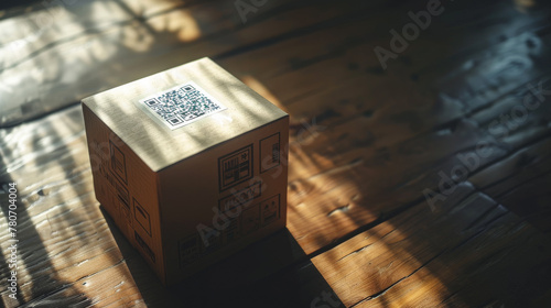 High-resolution photo of a sleek product box on a wooden table with a clear photo