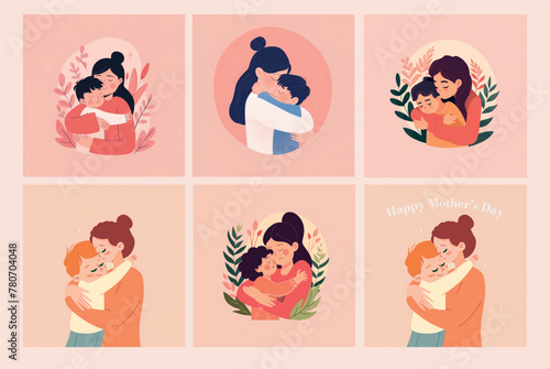 Ilustración, dibujo, Madre e hijo abrazados. Dia de la madre. 