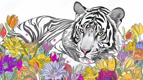 Tigre e flores - Ilustra    o esbo  o