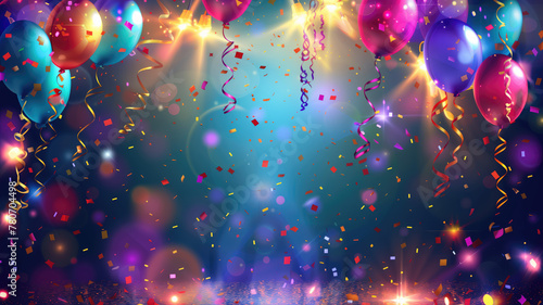 Party Background with lights, confetti, balloons and serpentine Generative AI
