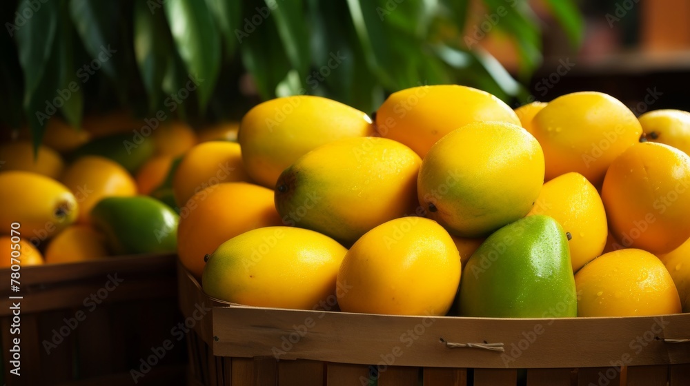 Baskets filled with fresh and juicy mangoes Baskets filled with fresh and juicy mangoes