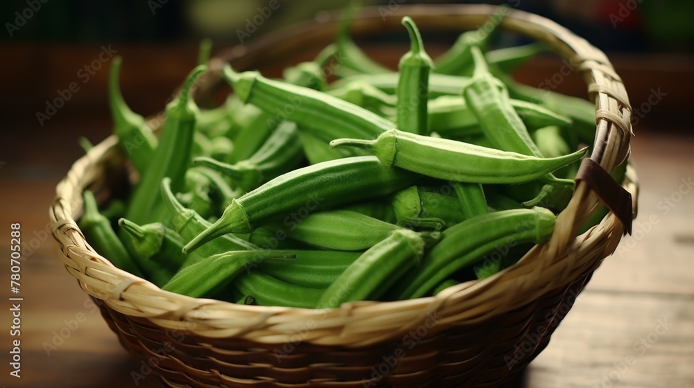 Basket overflowing with crisp, green okra pods Basket overflowing with crisp, green okra pods