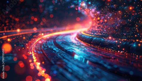 A colorful, abstract image of a tunnel with bright lights and a red by AI generated image