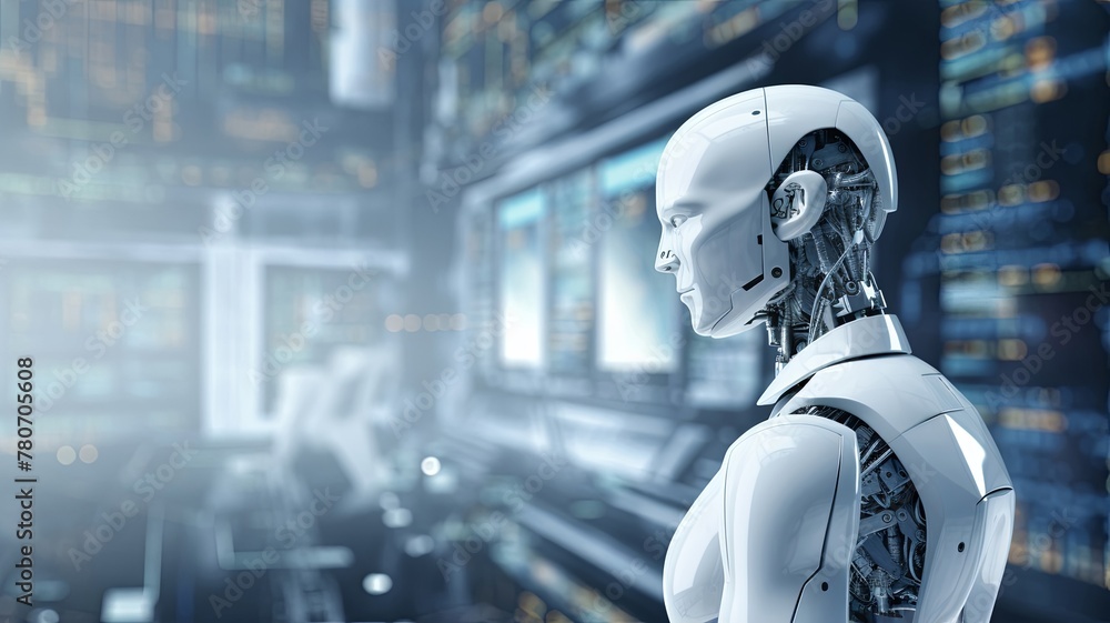 Graphic illustration of a humanoid android robot holding a robotic sphere eye and standing in front of a giant machine system hologram wheel technology data graphic, futuristic concept. Graphic illustration of a humanoid android robot holding a robotic sphere eye and standing in front of a giant machine system hologram wheel technology data graphic, futuristic concept.