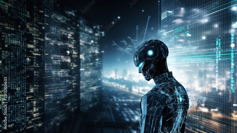 Fototapeta premium Graphic illustration of a humanoid android robot holding a robotic sphere eye and standing in front of a giant machine system hologram wheel technology data graphic, futuristic concept.