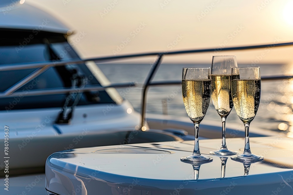 Obraz premium Champaign glasses on yatch silling on the ocean sea.