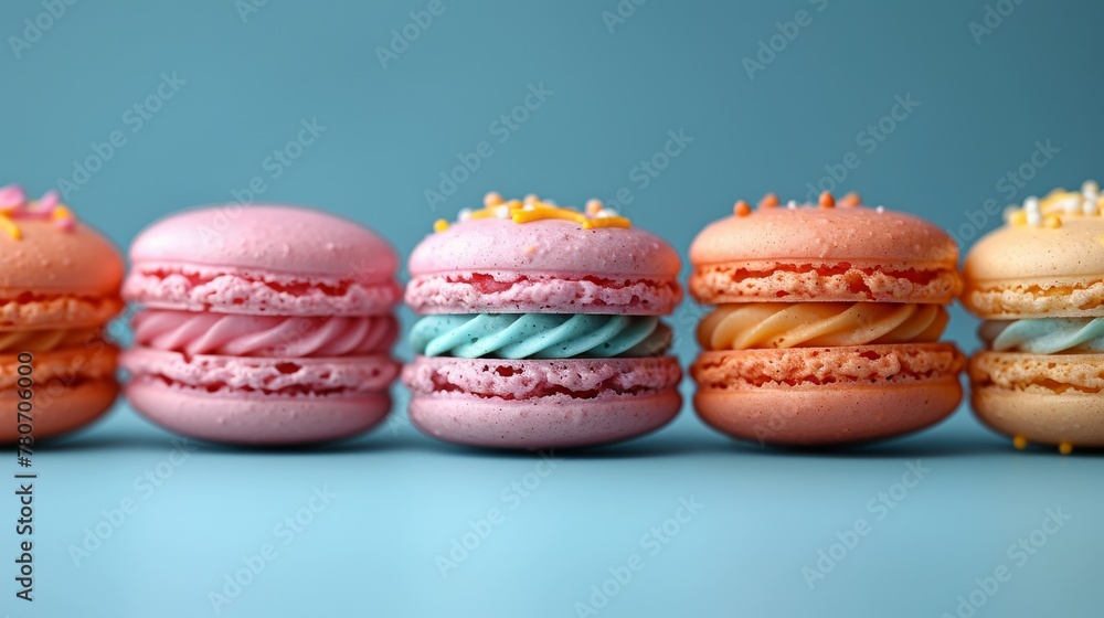 colorful macarons in row on blue background, French dessert concept