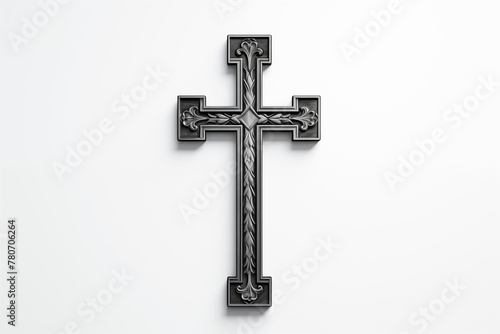Christian religious metal cross on white background. Christian religious crucifix on white background. Topics related to the Christian religion. Topics related to death. Object of worship and belief,