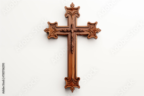 Christian religious wooden cross on white background. Christian religious crucifix on white background. Topics related to the Christian religion. Topics related to death. Object of worship and belief, photo