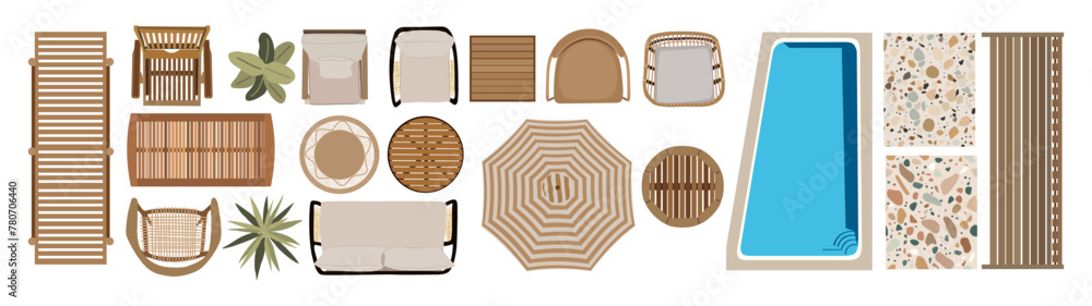 Obraz premium Top view of furniture icons for interior and landscape design plan. Sunbed, armchairs, table, plants, terrace, pool, patio, garden, porch zone. Vector illustrations isolated on transparent background.