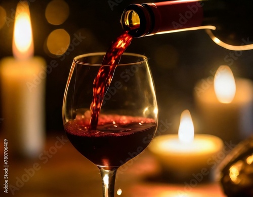 Red wine is poured into a wine glass with many glowing candles in the background - a macro closeup shot of a red varietal of wine being served from a bottle in shallow depth of field by candlelight.