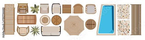 Top view of furniture icons for interior and landscape design plan. Sunbed, armchairs, table, plants, terrace, pool, patio, garden, porch zone. Vector illustrations isolated on transparent background.