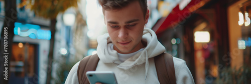 A handsome young man uses his smartphone to introduce himself to the world of 5G digital connectivity, enjoying the benefits of online communication and social media. photo