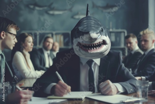 A dynamic office scene with a shark head businessman leading a meeting, illustrating leadership and assertiveness in the corporate environment photo