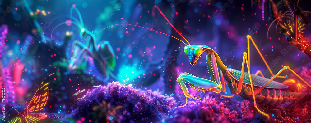 A neon-lit scene with a mantis in the foreground, surrounded by other insects, all glowing in vibrant, electric colors - obrazy, fototapety, plakaty 