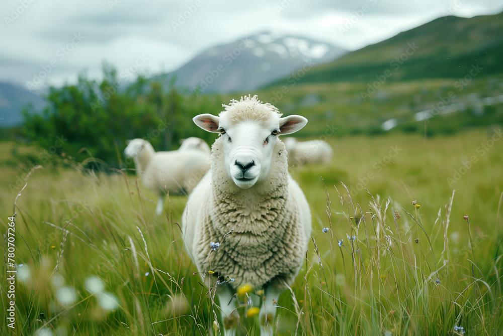 Fototapeta premium A fluffy sheep standing in a grassy field with a mountainous landscape in the background.