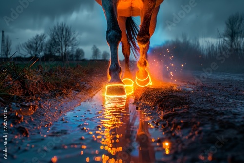 A horse with neon hooves trotting along a path, each step leaving a trace of light on the ground photo
