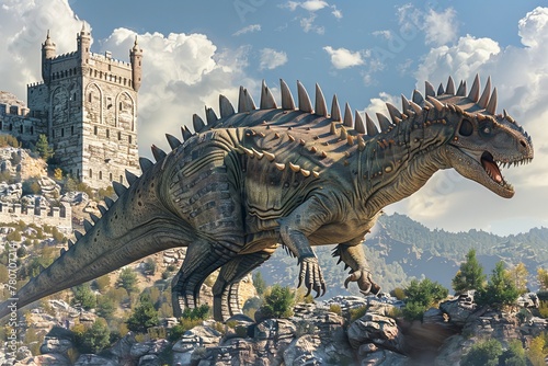 A Kentrosaurus in medieval Europe  its spiked tail swinging in defense of the castle it guards