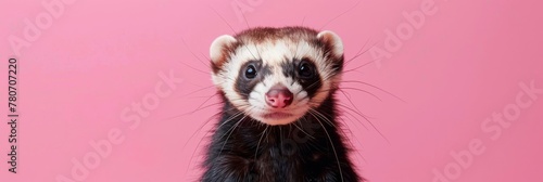 A mischievous ferret, whiskers twitching, set against the playful pop of a bubblegum pink backdrop