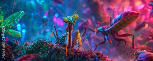 A neon-lit scene with a mantis in the foreground, surrounded by other insects, all glowing in vibrant, electric colors