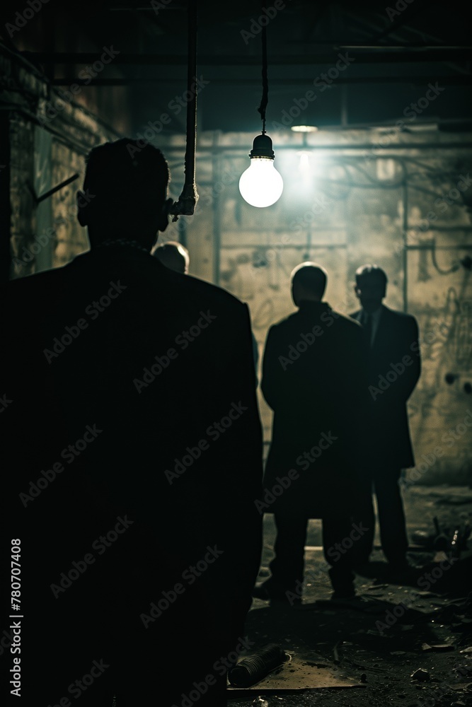 A secretive mafia gathering in an abandoned warehouse, only their silhouettes visible under a single hanging light bulb