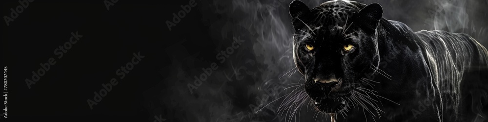 A sleek black panther, eyes gleaming, emerging from the shadows of a dark charcoal background