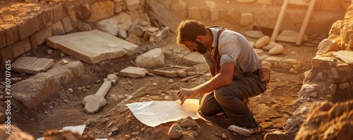 Archaeologist with ancient artifacts imposed on an active excavation site photo