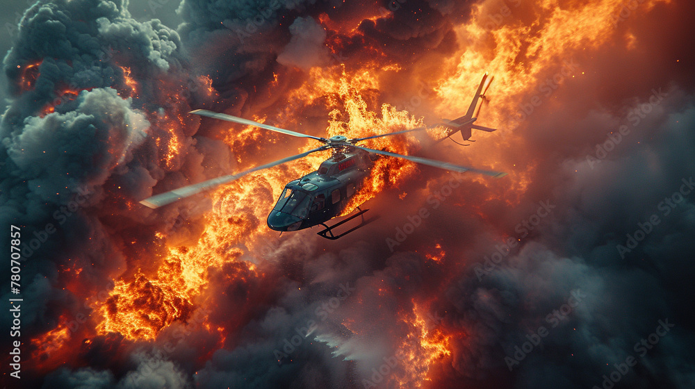 Illustration of a military helicopter, the helicopter is flying high in the sky, there is a lot of strong fire in the sky, the helicopter is being attacked from the ground, an explosion in the air war - obrazy, fototapety, plakaty 