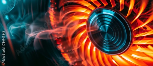 Close-up of a laptop's exhaust, with an LED fan spinning in a vibrant orange frenzy