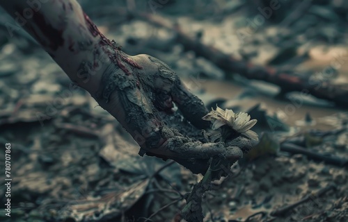Close-up of a zombie's hand holding a wilted flower in a desolate, abandoned garden