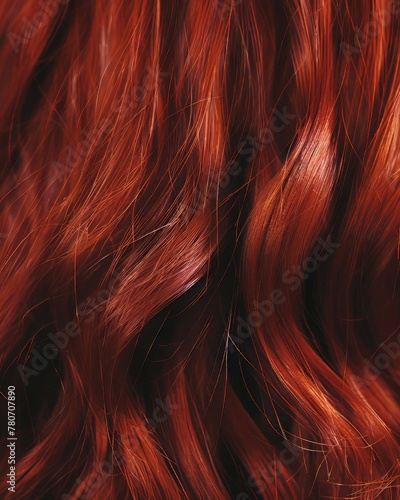 Close-up of vibrant red hair with glossy texture and subtle shimmer  highlighting individual strands and their vivid color