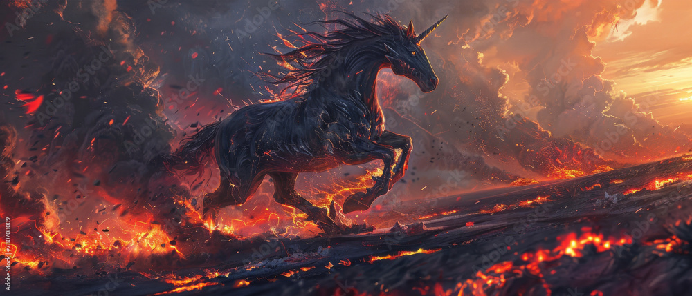 Dark Dragon Horse galloping across a lava-filled landscape, its hooves sparking flames, reflecting its untamed spirit and strength - obrazy, fototapety, plakaty 