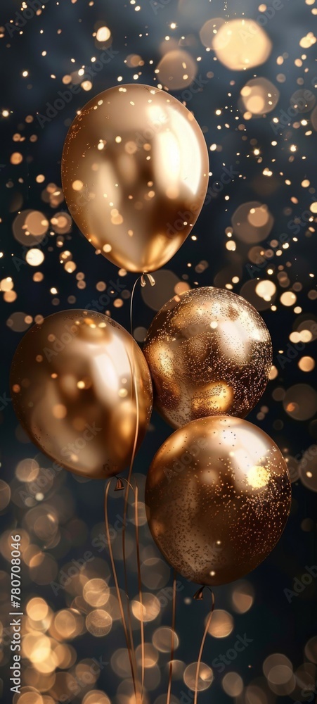 Elegant golden balloons ascending amidst a glittery bokeh, a celebration frozen in time