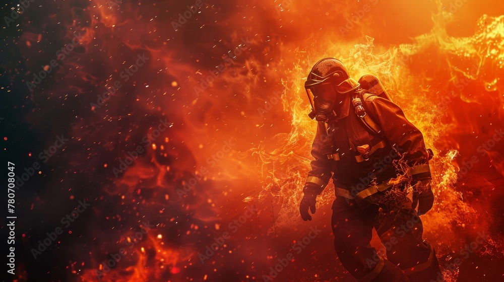 Firefighter with vibrant flames and a team in action, heroism in the heat Firefighter with vibrant flames and a team in action, heroism in the heat