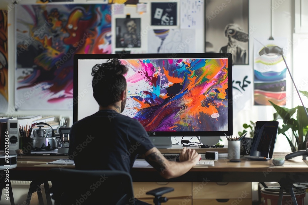 Graphic designer with a canvas of digital art flowing over a modern workspace Graphic designer with a canvas of digital art flowing over a modern workspace