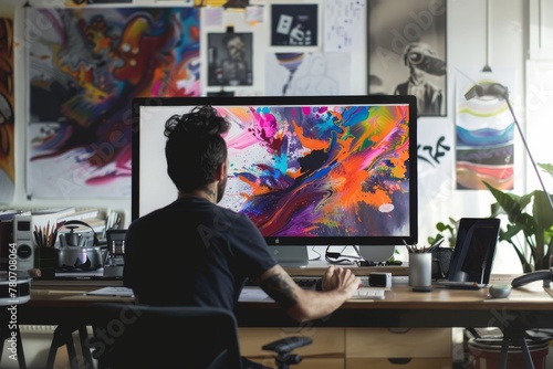 Graphic designer with a canvas of digital art flowing over a modern workspace photo