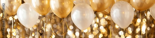 Golden and white balloons rise, casting a warm glow on a festive evening photo