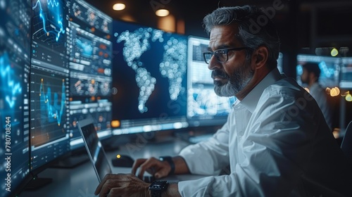 An Indian logistics expert analyzes the world map on a big digital screen in his monitoring office while he holds a laptop computer. Successful man is developing new efficient routes for the