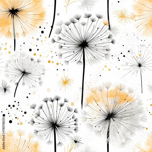 Stylish watercolor seamless pattern with monochrome dandelions and golden accents on white background. © Nataliia Pyzhova