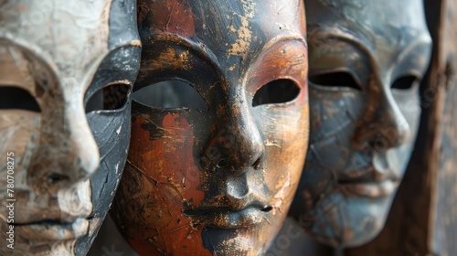 Mysterious figure transitions masks, symbolizing changing faces in drama