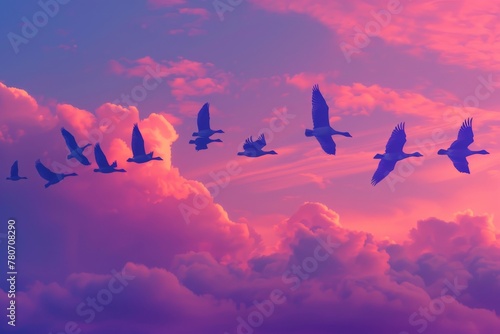 Neon geese flying in formation against a twilight sky, their bodies leaving trails of light as they migrate photo