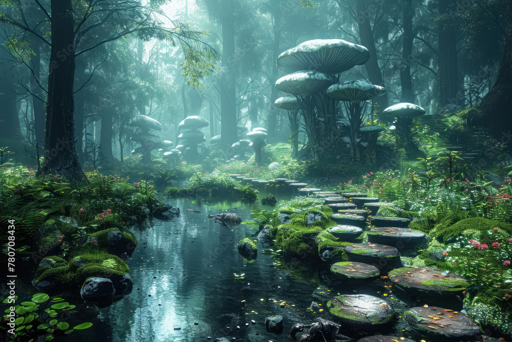 enchanting forest with mystical mushrooms and serene pond, a magical woodland scene