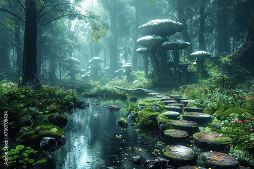 enchanting forest with mystical mushrooms and serene pond  a magical woodland scene