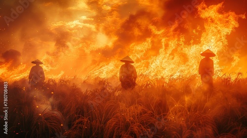 Dust and smoke generated by farmers burning rice stubble in their rice fields photo