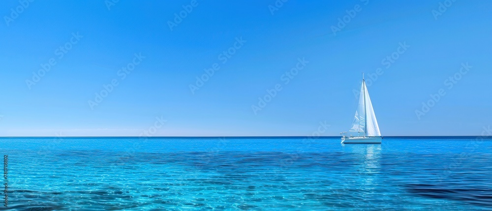 A sailboat on a clear blue sea at midday, with no land or people visible, just the vast ocean and sky