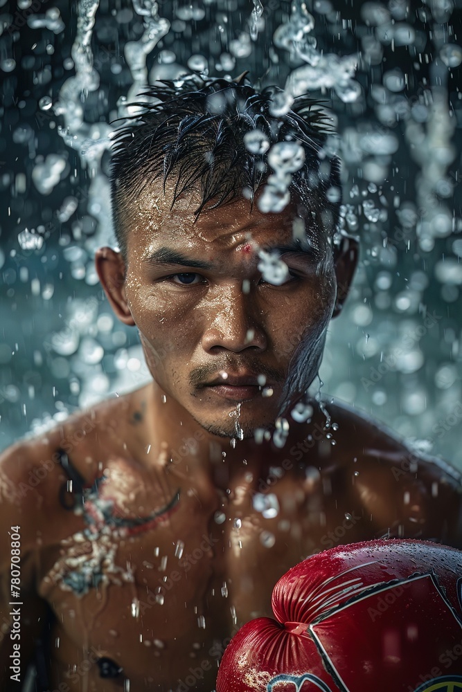 A portrait of a Thai boxer in traditional Muay Thai attire, participating in Songkran, symbolizing strength and tradition A portrait of a Thai boxer in traditional Muay Thai attire, participating in Songkran, symbolizing strength and tradition