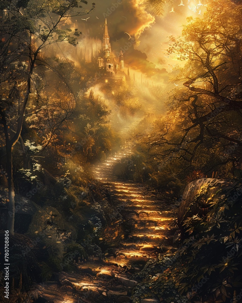 A pathway leading to a distant city of gold, embodying the journey and destination of successful endeavors A pathway leading to a distant city of gold, embodying the journey and destination of successful endeavors